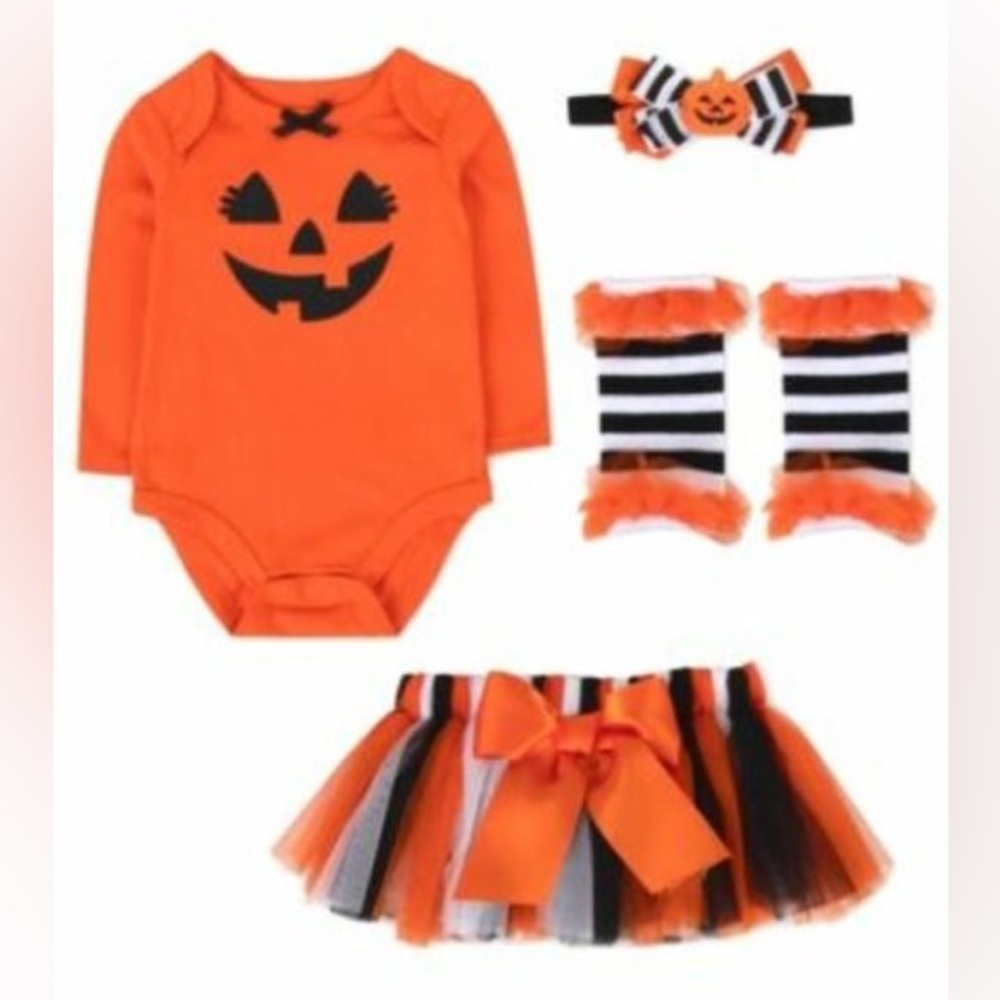 Baby Essentials Girls Halloween Pumpkin Bodysuit,Tutu,Headband & Legwarmers,NWT